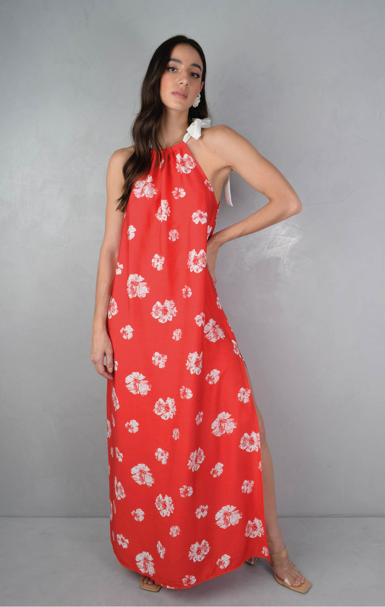 Vestido De Graduación Corto Con Estampado Floral, Cuello Halter Y Lazo En La Espalda De Asos Design