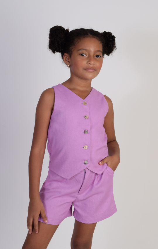 Color Lila Blusas En Ojalillo Para Niñas Set Lino Chaleco Short
